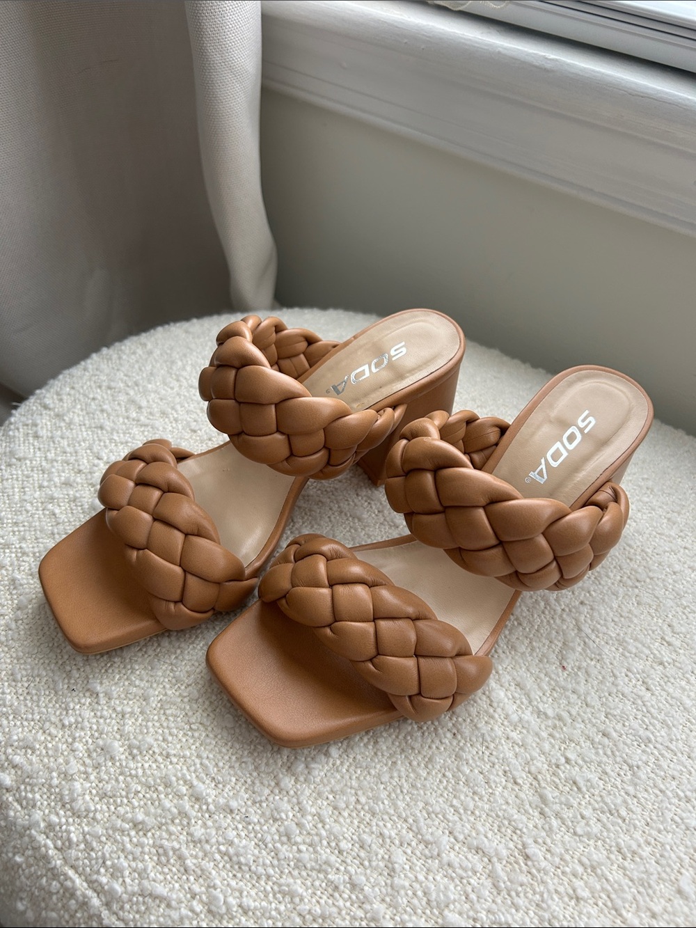 SODA Braided Tan Slide Heels